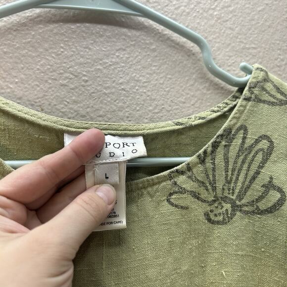 Freeport Studio SZ L Green Floral 100% Linen Shift Dress Short Sleeve Minimalist - Picture 3 of 5